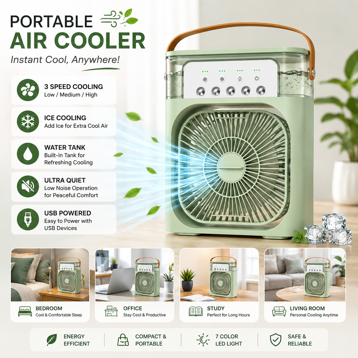 Portable Mini Air Conditioner Fan with Water Tank & Ice Cooling | USB Powered Personal Air Cooler | 3 Speed Cooling Fan for Home & Office - Image 3