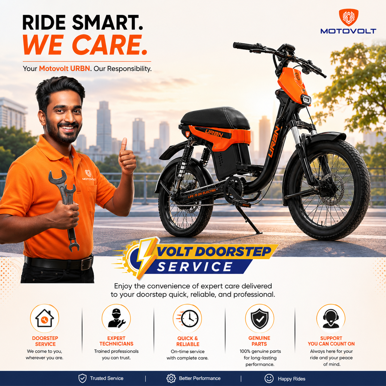 Motovolt URBN E-Moped Standard | 105KM Range Electric Bike | 250W BLDC Motor | Removable 20Ah Battery (Orange) - Image 3